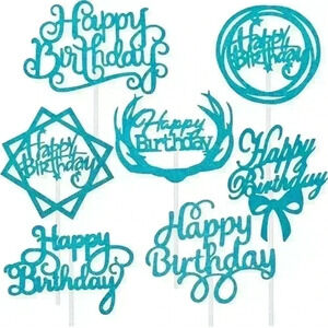 Cake Topper Paper Happy Birthday Cake Decoration Supplies  14PCS Blue Glitter